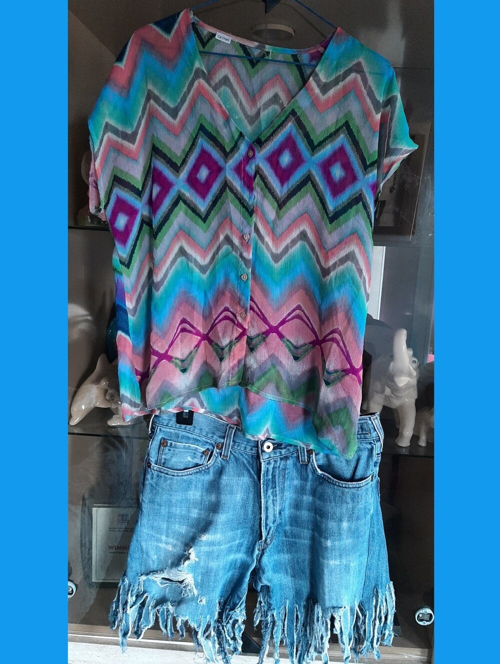 Womens' Multicolor Chevron Button-Front Top - Distressed Shorts